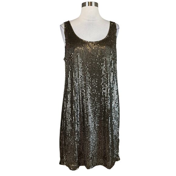Ralph Lauren Sequined Mini Shift Cocktail Dress Size 16 Bronzed Green Sleeveless - Picture 1 of 14